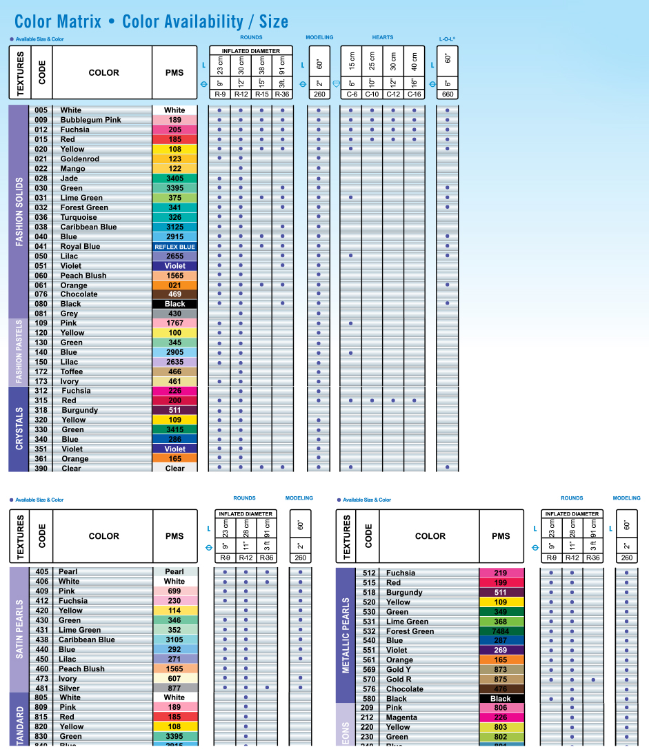 Promoadline LATEX BALLOON COLOR - SIZE CHART